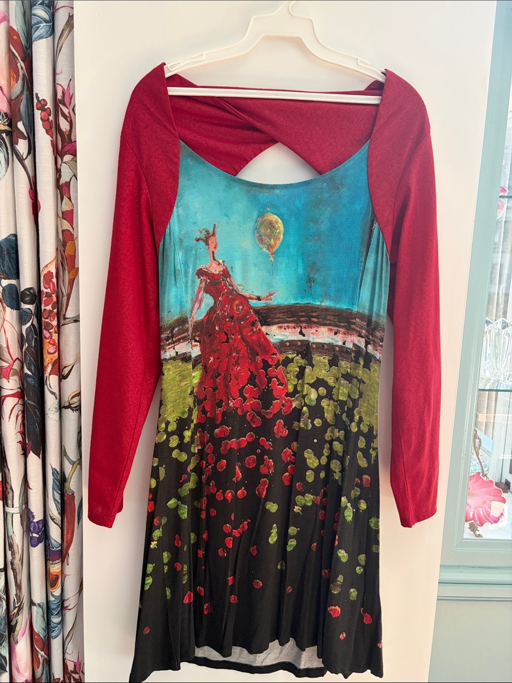 Red Long-Sleeve Art-Print Women's Dress